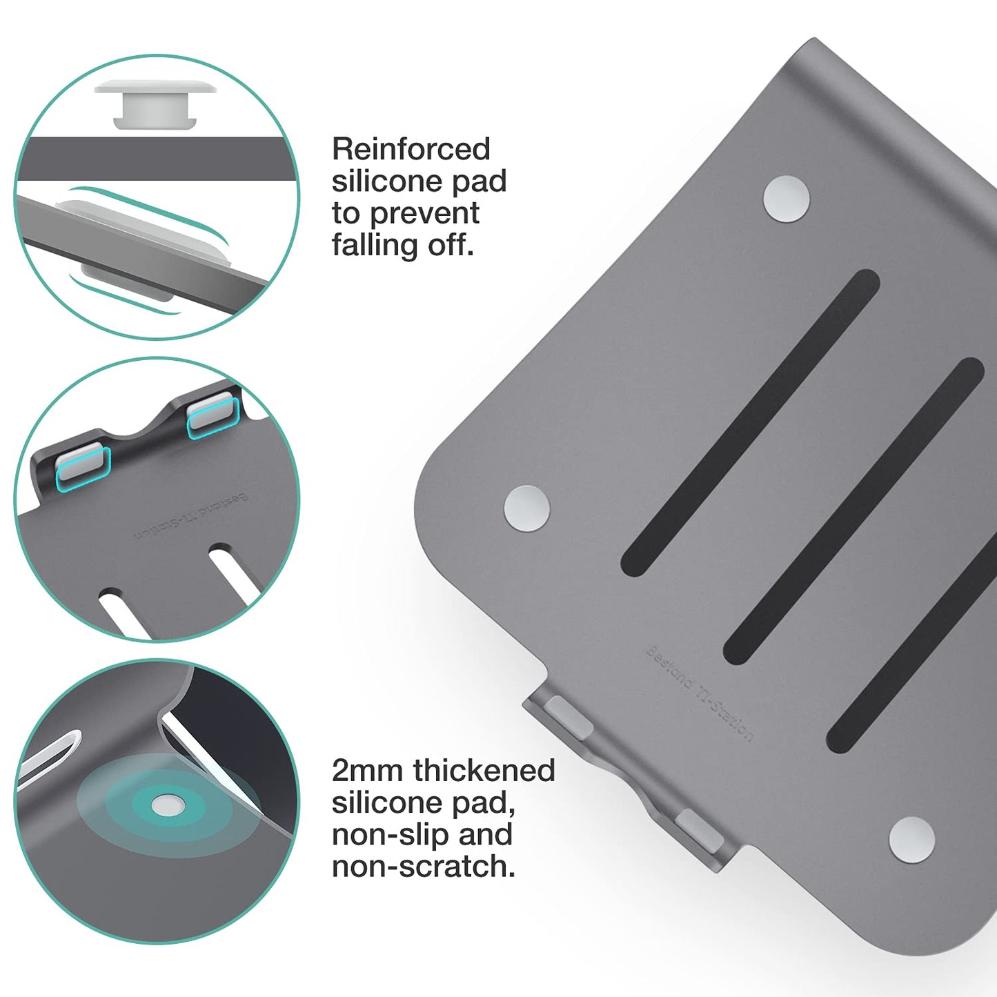 Laptop stand, aluminum notebook holder, heat vent for MacBook Air/Pro, Dell, HP, Lenovo, Microsoft Surface, Samsung 11-16 inch notebooks, gray (patented)