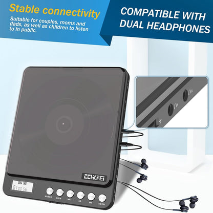 Portable CD player with Bluetooth and headphones, rechargeable CD player with speaker and FM transmitter. 2000mAh lithium battery, portable Discman CD player for adults, students, and children.