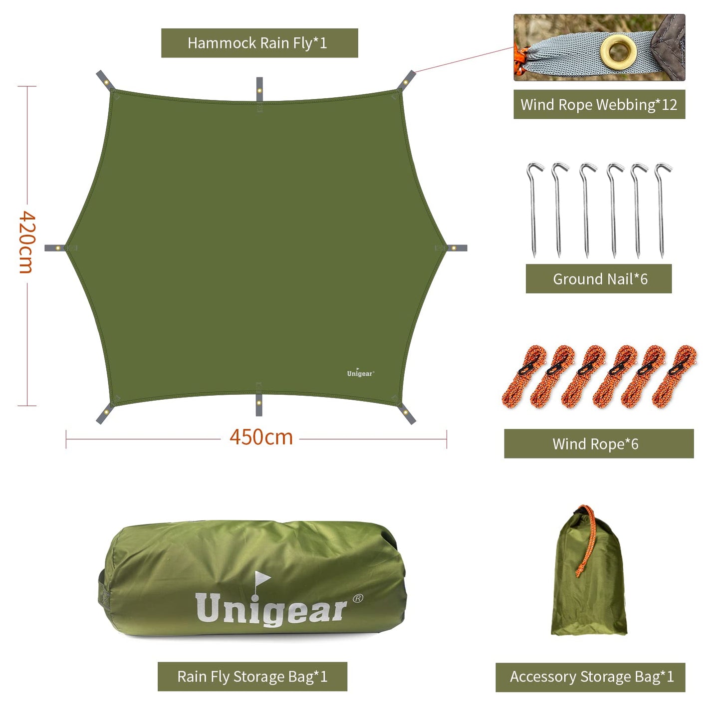 Unigear waterproof hexagonal tarp with grommets + 6 aluminum stakes + 6 ropes, cover for hammock, rain and sun protection for outdoor camping, picnics, festivals.