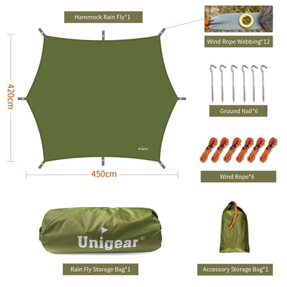 Unigear waterproof hexagonal tarp with grommets + 6 aluminum stakes + 6 ropes, cover for hammock, rain and sun protection for outdoor camping, picnics, festivals.