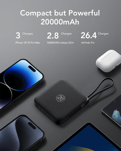 VRURC Power Bank 20000mAh with Cable Small USB C Powerbank Fast Charging Mini Portable Charger External Battery Small and lightweight with 4 outputs 3 inputs LED display for iPhone Huawei Samsung etc.