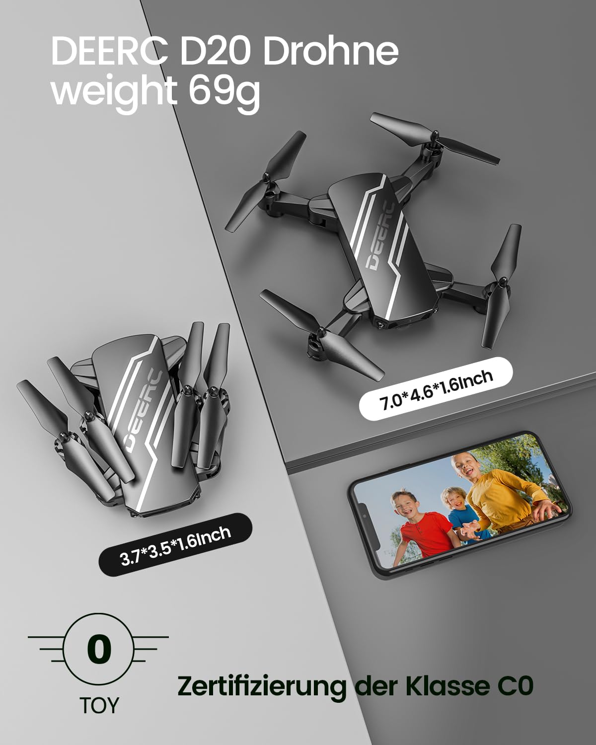 DEERC D20 drone for kids with HD camera, foldable RC quadcopter with FPV live transmission, long flight time, gesture control, flight path, altitude hold, one key start/land, headless mode, 3D flips for beginners.