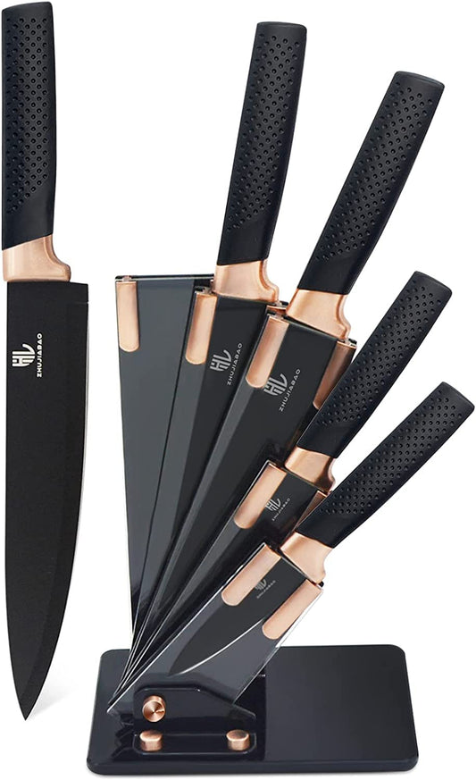 HL zhujiabao Black Kitchen Knife Block Set with Acrylic Stand 6PCS Professional Stainless Steel Chef Knife Set with Non-stick Coating and ultra-sharp Knife Block Set as a gift for men and women