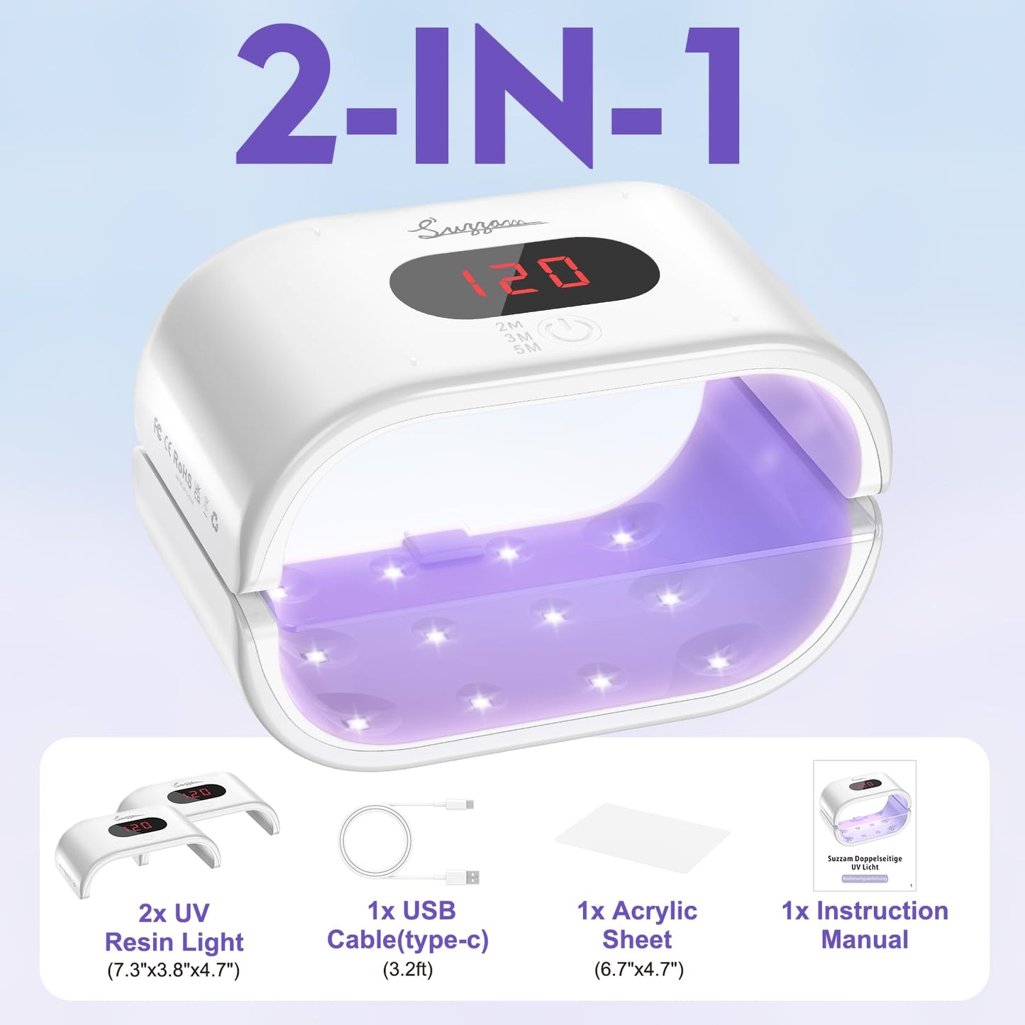 UV light for resin, Double-sided UV lamp for resin Large UV resin lamp with LED display (longer time in 2m, 3m, 5m) Fast-curing UV lamp resin for resin, molds, jewelry making