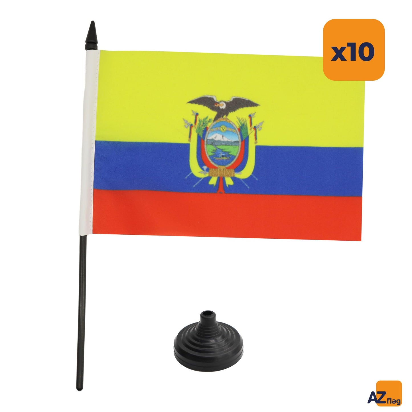 AZ FLAG - Pack of 10 Ecuador Table Flags, 21 x 14 cm – 10 small Ecuadorian Desk Flags, 100% Polyester, with 25 cm flagpole and black plastic base