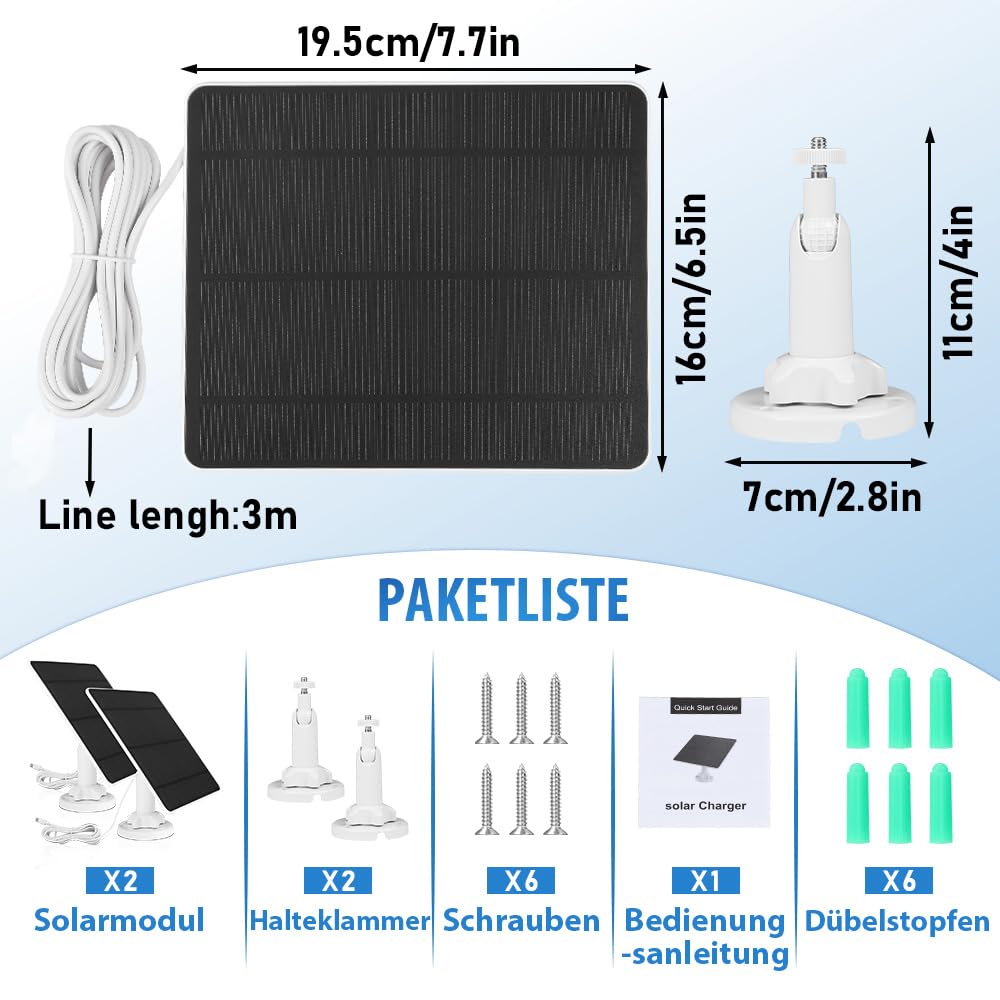 Outdoor/indoor solar panel for Google Nest camera (battery version), 5W solar panel for Google Nest camera solar module IP65 waterproof with 3m cable, 360° adjustable bracket (2 pack)