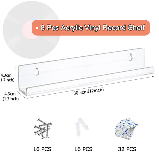 Vinyl wall mount, 8 PCS record wall mount for record storage, acrylic holder, vinyl holder for vinyl records, transparent record shelf, vinyl LP record stand