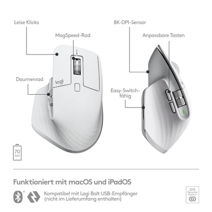 Logitech MX Master 3S for Mac - Ultra-fast scrolling Bluetooth mouse, ergonomic, 8K DPI, Glass Tracking, quiet clicking, USB-C, Apple, iPad - Light Gray