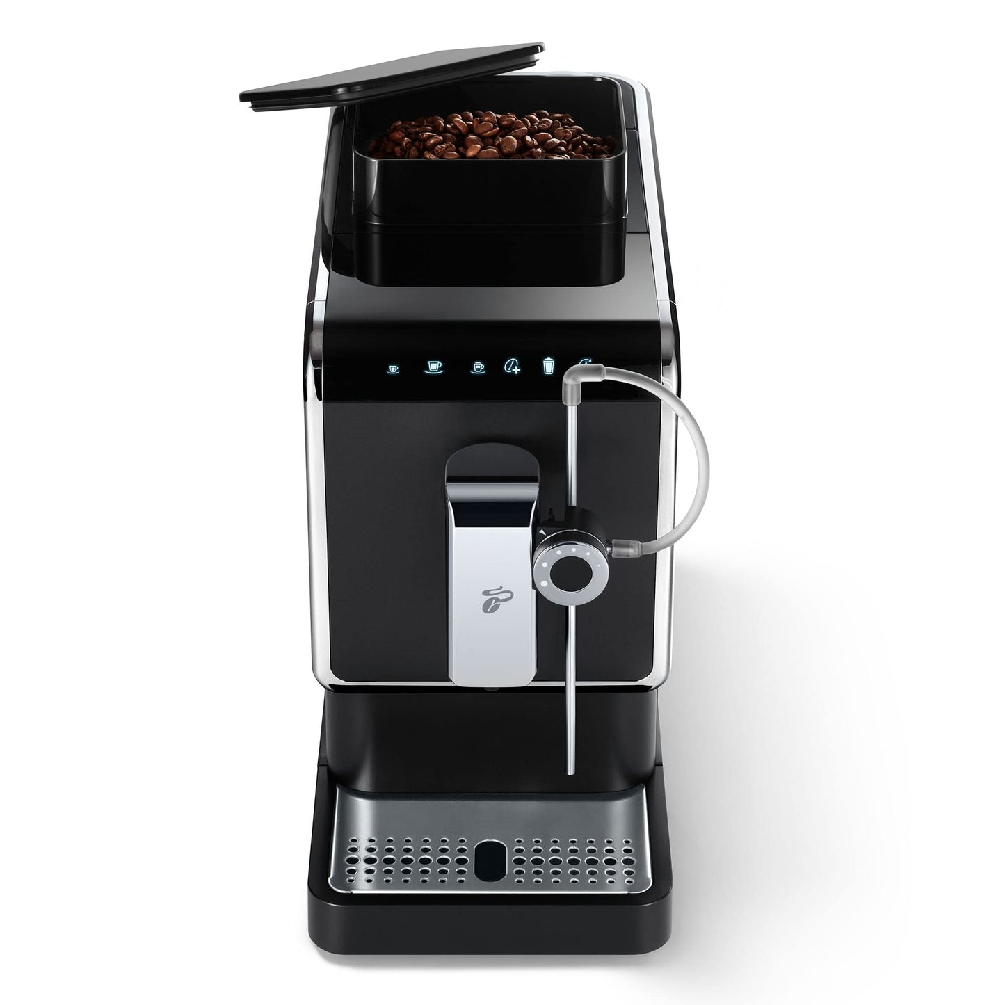 Tchibo coffee machine Esperto Pro with matching glass milk carafe, perfect for Caffè Crema, Espresso, and milk specialties, 600ml milk container, anthracite color.