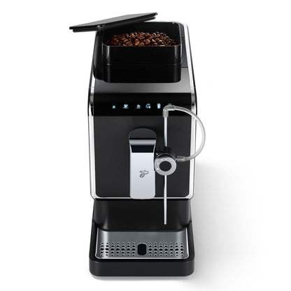 Tchibo coffee machine Esperto Pro with matching glass milk carafe, perfect for Caffè Crema, Espresso, and milk specialties, 600ml milk container, anthracite color.