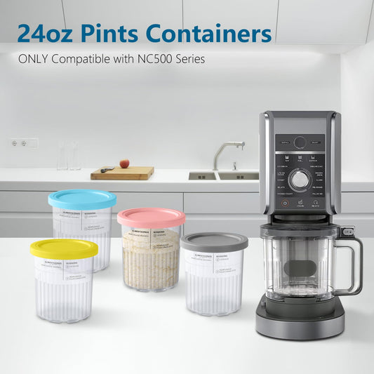 4-pack of Vione replacement Ninja Creami Deluxe Pints and Lids. 24 oz. pint containers compatible with NC501, NC500 series. BPA-free, dishwasher safe, assorted colors.