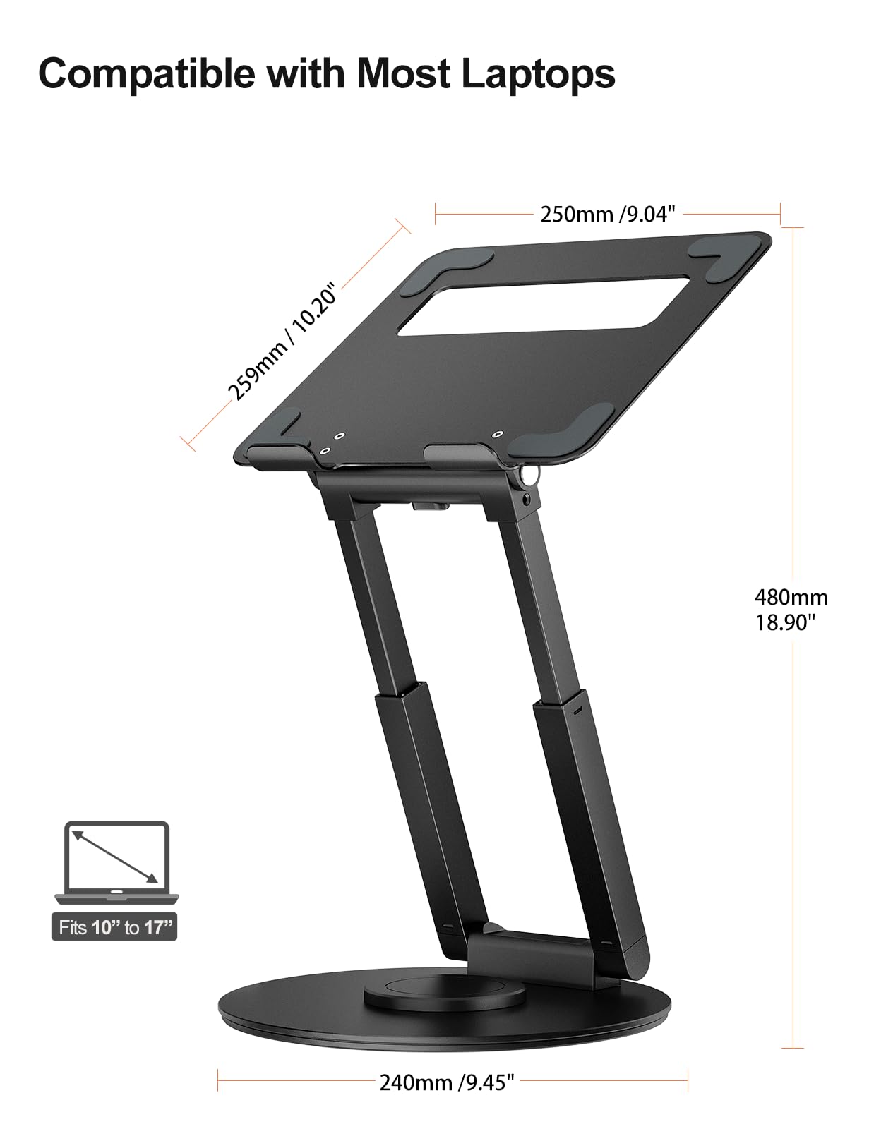 Adjustable height laptop stand with 360° swivel base, ergonomic design, ideal for standing desks. Compatible with MacBook Pro and laptops 10-17 inches. Black color.