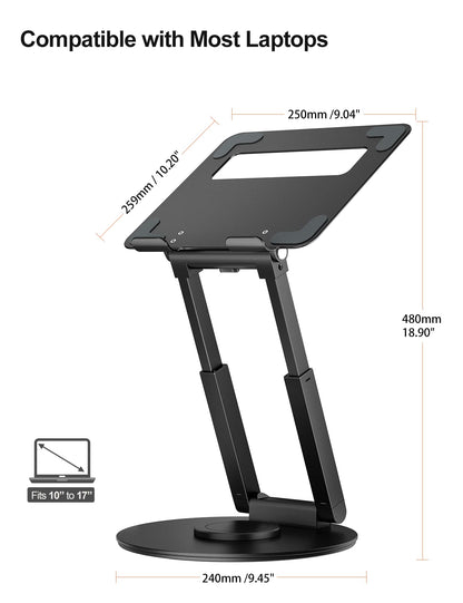 Adjustable height laptop stand with 360° swivel base, ergonomic design, ideal for standing desks. Compatible with MacBook Pro and laptops 10-17 inches. Black color.