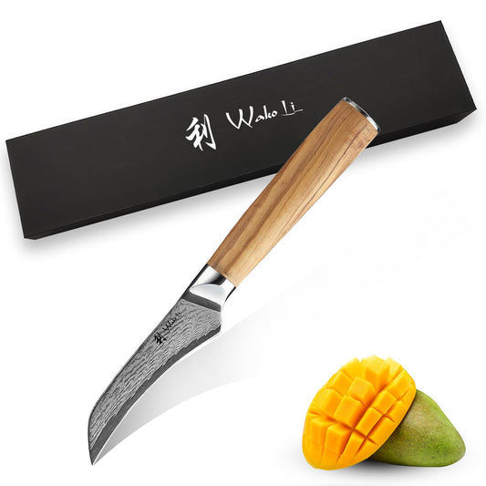 Wakoli Oribu peeling knife 8.5 cm kitchen knife made of 67 layers of real Damascus steel, AUS-10 core, 60±2 HRC, olive wood handle, professional chef's knife, vegetable & fruit knife, small Damascus knife, gift packaging
