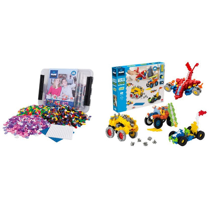 Plus-Plus 9603406 Creative Building Blocks Box, Amazing construction toy, 2400 pieces, Basic, Pink & 9607016 Creative Building Blocks, Learn to Build Vehicles Set, Construction toy, 800 pieces