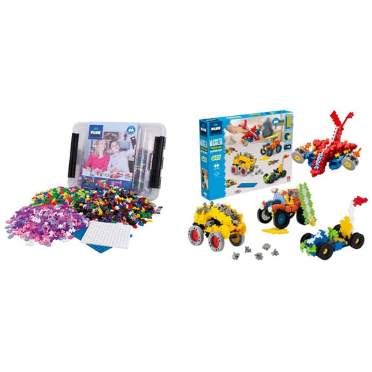 Plus-Plus 9603406 Creative Building Blocks Box, Amazing construction toy, 2400 pieces, Basic, Pink & 9607016 Creative Building Blocks, Learn to Build Vehicles Set, Construction toy, 800 pieces