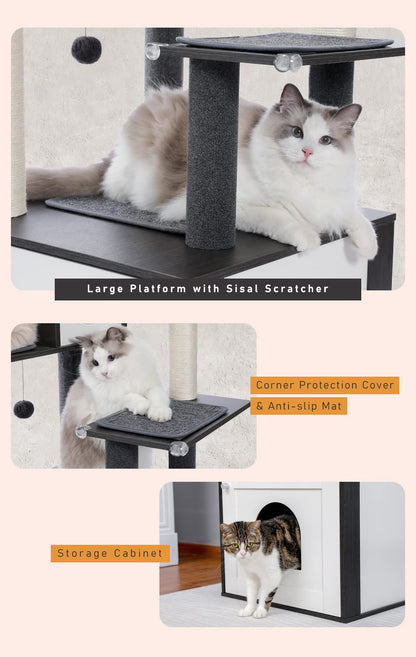 PAWZ Road Modern Cat Tree Wood Cat Tower with Storage Cabinet Cat Litter Enclosure and spacious Cat House Large top perch and hammock Black