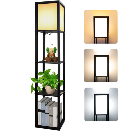 Wooden floor lamp, floor lamp with shelf 3 color temperatures 3000-5000K, wooden shelf with E27 socket, corner shelf lighting retro for living room bedroom office (bulbs included)