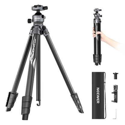 NEEWER LITETRIP LT07 61" Aluminum Travel Tripod, Camera Tripod with Pan Tilt Low Profile Ball Head Arca QR Plate compatible with Peak Design Tripod Plate V3, 2 in 1 Phone Clip Handle Max Load 22lb