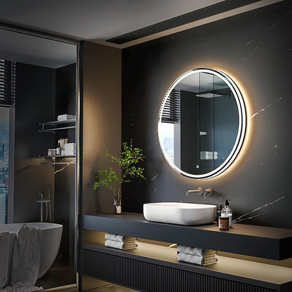 KWW 70cm LED Round Bathroom Vanity Mirror, Adjustable Color Temperature, Anti-fog Dimmable Lights, Wall Mounted Makeup Mirror with Smart Touch Button
