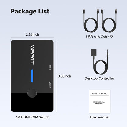 AILVLVNG HDMI KVM Switch allows 2 PCs to share 1 monitor at 4K@60Hz resolution. Comes with desktop controller and 2 USB cables for easy plug and play setup. Share a monitor and keyboard/mouse between two computers.