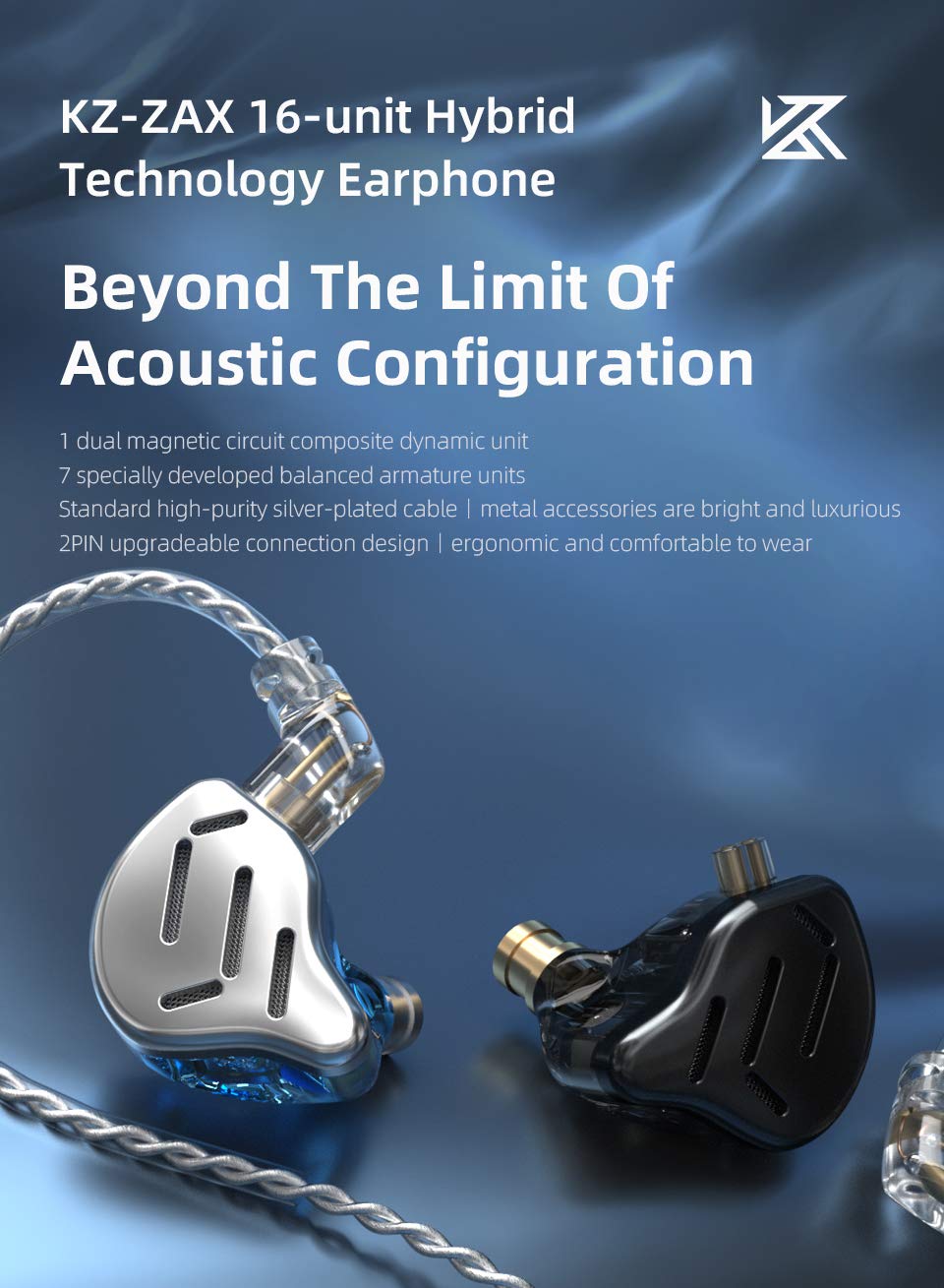 CCA KZ Zax metal headset with 7BA+1DD hybrid drivers for high fidelity bass. These in-ear monitor headphones are designed for sport and noise cancelling.