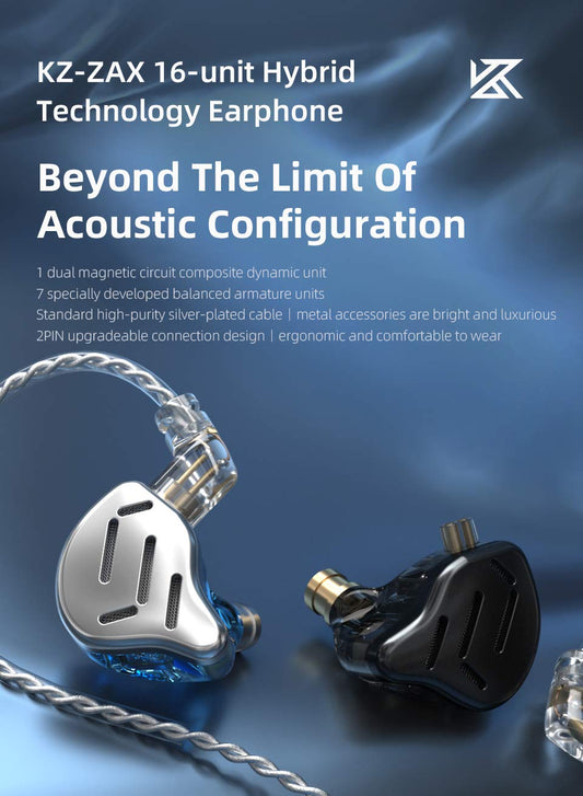 CCA KZ Zax metal headset with 7BA+1DD hybrid drivers for high fidelity bass. These in-ear monitor headphones are designed for sport and noise cancelling.