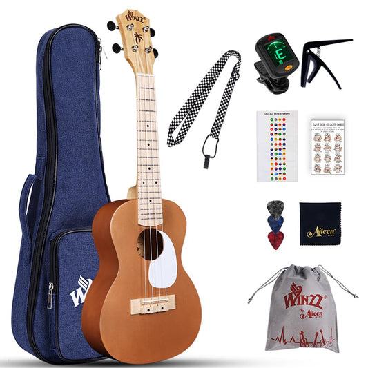 Winzz Ukulele Adult Beginner Set, Concert Ukulele 23 Inch, Kids Starter Kit with 9 Accessories (Color: Brown, Wood)