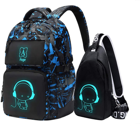 Asge school backpack for boys and girls - Waterproof backpack for teenagers, reflective, large, for school and outdoor camping, including shoulder bags set.