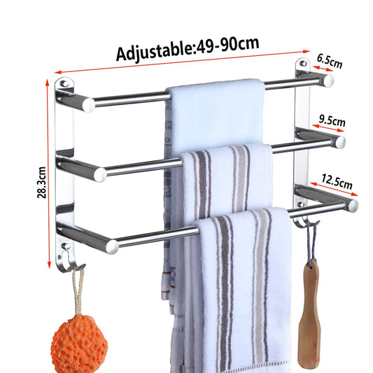 Towel rack chrome HONPHIER® Stainless steel towel bar with hooks Retractable 49-90CM towel bar Wall-mounted towel holder for bathroom kitchen toilet hotel towel rack