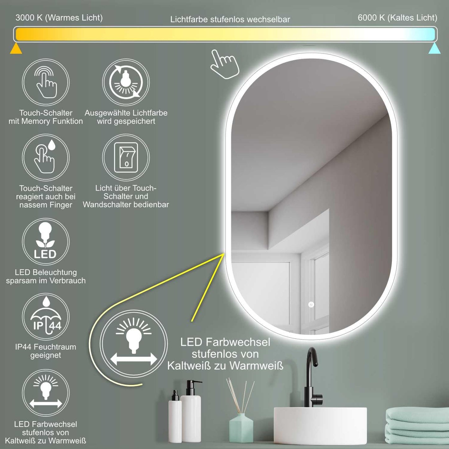 HOKO LED design mirror oval 45 x 75 cm. Can be mounted vertically or horizontally. Illuminated LED bathroom mirror, also for use as a vanity mirror. Features touch switch and adjustable LED lighting - warm white, cool white, neutral.