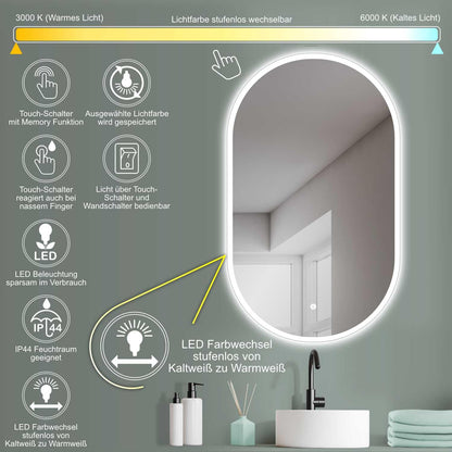 HOKO LED design mirror oval 45 x 75 cm. Can be mounted vertically or horizontally. Illuminated LED bathroom mirror, also for use as a vanity mirror. Features touch switch and adjustable LED lighting - warm white, cool white, neutral.