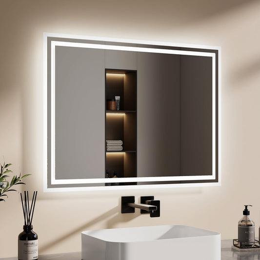 EMKE bathroom mirror with lighting 80x60cm. Fog-free mirror with 2 light colors, tilt switch, warm white/cold white light. Can be hung horizontally or vertically.