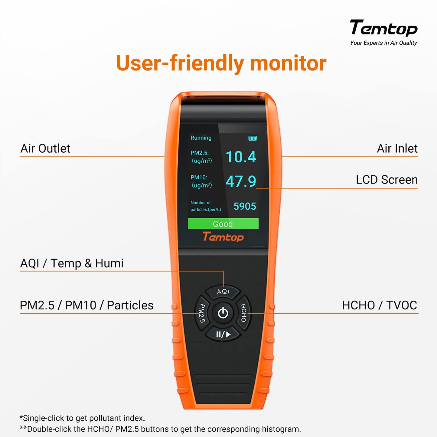 Temtop Room Air Quality Detector Indoor Monitor Data Output Formaldehyde HCHO TVOC PM2.5 PM10, LKC-1000S+ 2nd