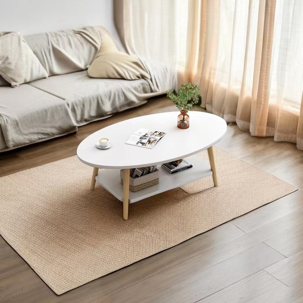 Anmas Power Double Layer Coffee Table, White Side Tables Wood, Oval Living Room Table, Pine Wood Table Legs, Sofa Tables (80 * 40 * 40)