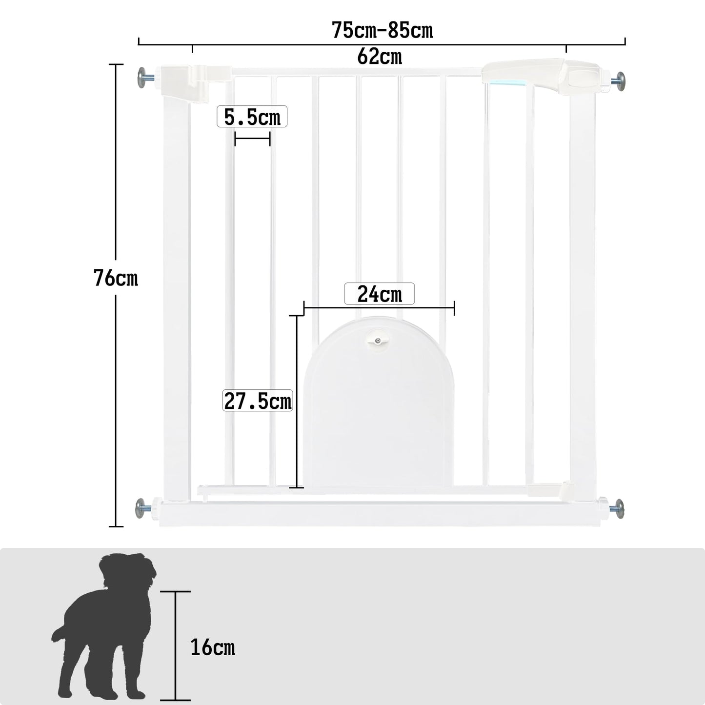 Froadp Door Safety Gate Baby Gate 75-85cm Child Gate Without Drilling Safety Gate with Door for Dogs and Cats Double-Swing Barrier Automatic Pet Gate, White