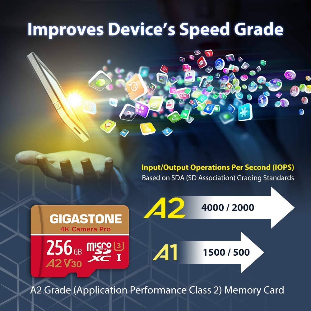 5 years of free data recovery] GIGASTONE 256GB MicroSDXC memory card, 4K camera pro, up to 100/60 MB/s, compatible with GoPro drone switch, A2 V30 U3 UHS-I Micro SD card + SD adapter