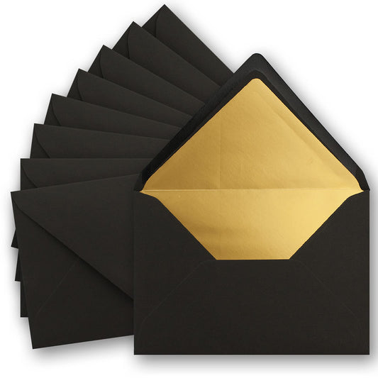 75 metallic gold lined envelopes, size DIN C5, black - 156 x 220 mm - wet adhesive with pointed flap - ColorsJoy by GUSTAV NEUSER