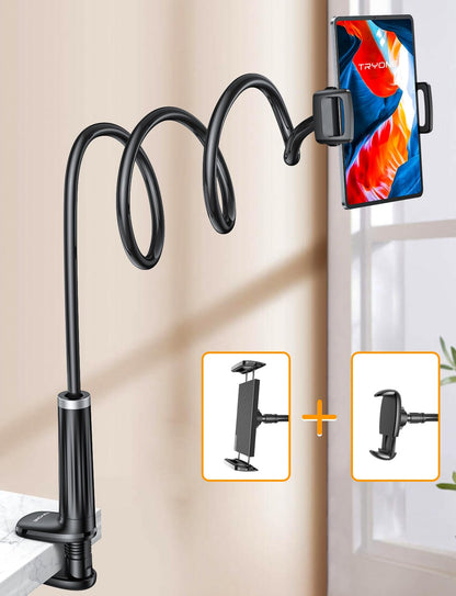 Tryone Gooseneck Tablet Holder for Bed: Tablet Stand with 360° Rotating Base and 2 Clips Phone Mount for Desk, Compatible with iPad Pro 12.9 Air Mini, Phone, or Other Devices from 4.7-12.9 Inches.