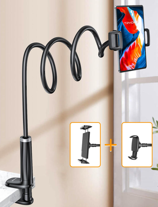 Tryone Gooseneck Tablet Holder for Bed: Tablet Stand with 360° Rotating Base and 2 Clips Phone Mount for Desk, Compatible with iPad Pro 12.9 Air Mini, Phone, or Other Devices from 4.7-12.9 Inches.