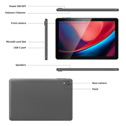 Rebecco 10-inch Android tablet, Octa Core, 1280*800 IPS HD display, 8GB RAM+128GB ROM (expandable to 1TB), Unisoc A523 CPU, 5G/2.4G WiFi, 5MP+8MP camera.