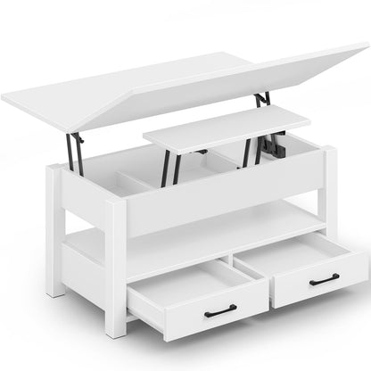 Rolanstar Adjustable Height Coffee Table, Living Room Table with Drawer & Hidden Compartment, Convertible Coffee to Dining Table, 100 x 50 cm Wooden Sofa Table, White