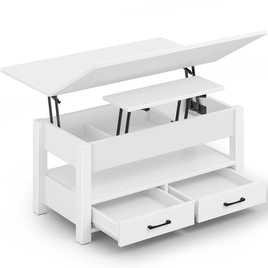 Rolanstar Adjustable Height Coffee Table, Living Room Table with Drawer & Hidden Compartment, Convertible Coffee to Dining Table, 100 x 50 cm Wooden Sofa Table, White