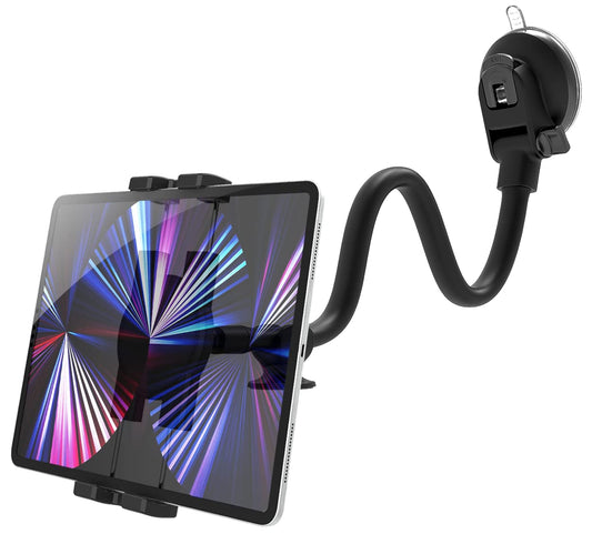 Oilcan swan neck tablet car holder, dashboard windshield truck iPad mount. Flexible long arm (34cm) suction cup car holder for iPad Pro Air Mini, Galaxy, phones (4-12.9").