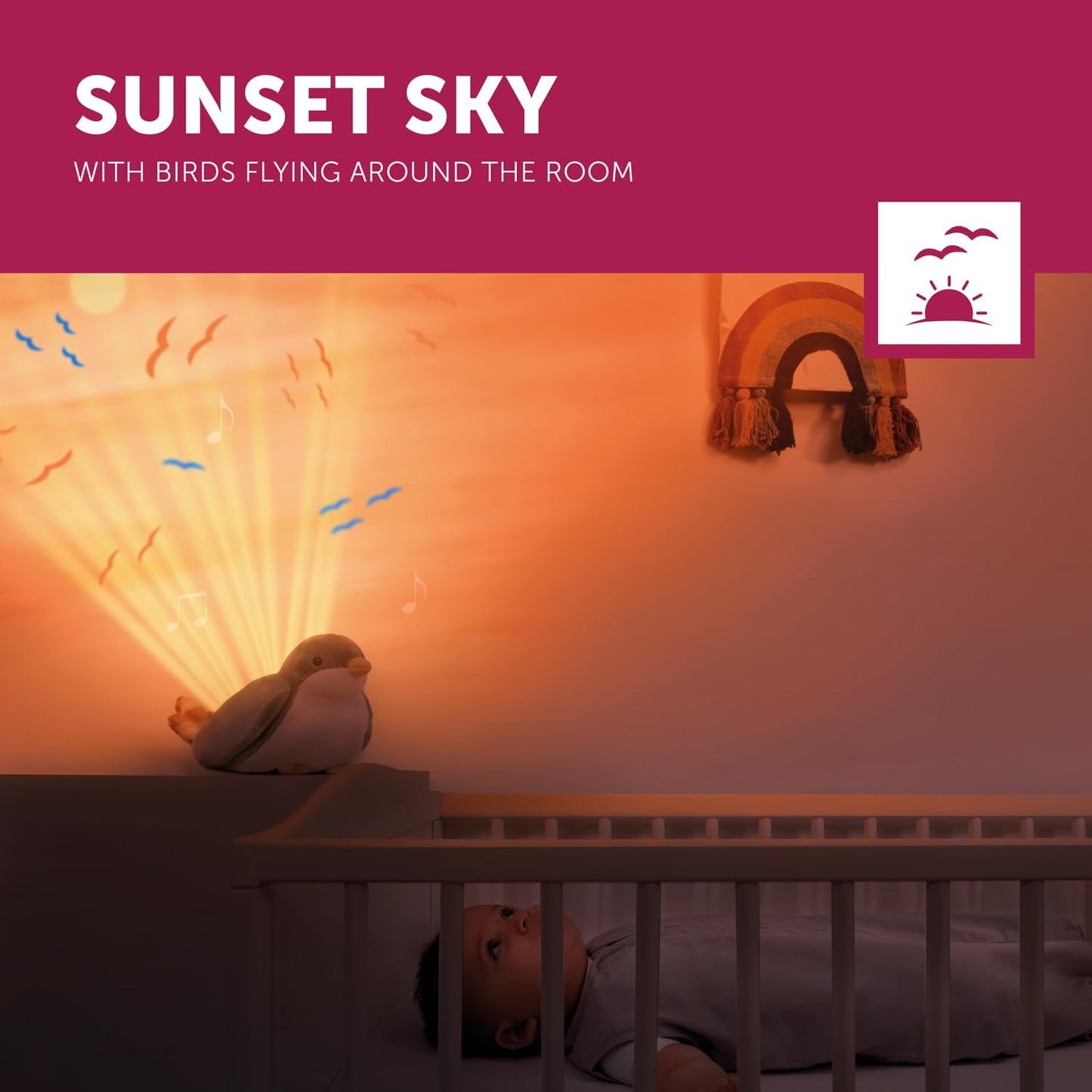 ZAZU Shally Sparrow Sunset Projector | Relaxing melodies | 3-step sleep program | Cry sensor | Child lock | Battery operated | Ideal for kids' room | 20 cm x 24 cm x 12 cm