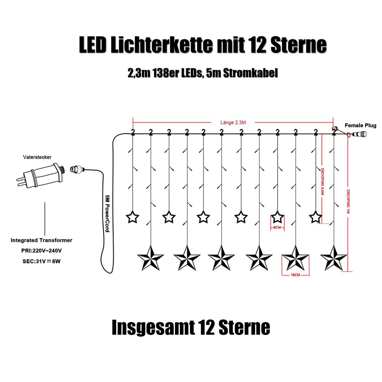 12 Star LED String Lights, Curtain Light Christmas Lights Star Curtain 138 LEDs 8 Modes for Indoor Outdoor, Christmas, Party, Decor, Wedding, Garden, Balcony