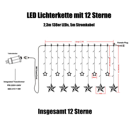 12 Star LED String Lights, Curtain Light Christmas Lights Star Curtain 138 LEDs 8 Modes for Indoor Outdoor, Christmas, Party, Decor, Wedding, Garden, Balcony