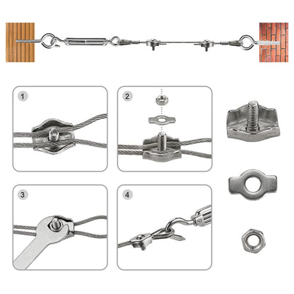 Stainless steel wire rope set with 60pcs, 35m/2mm steel rope for trellis with M5 turnbuckle, eye screw, wire rope clamps, aluminum rope clamps.