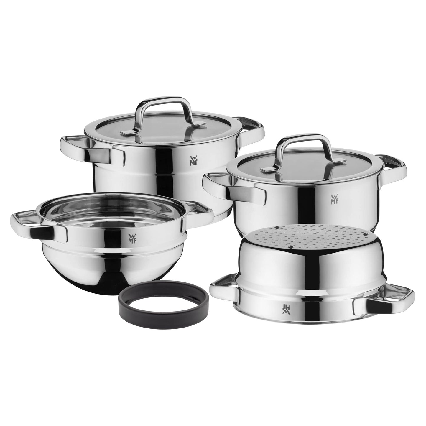 WMF Set 3-piece Compact Cuisine pot set Induction 4-piece with glass lid and Devil pan set Induction 2-piece and Mister X pot holder Stainless steel foldable 19 x 19 cm.