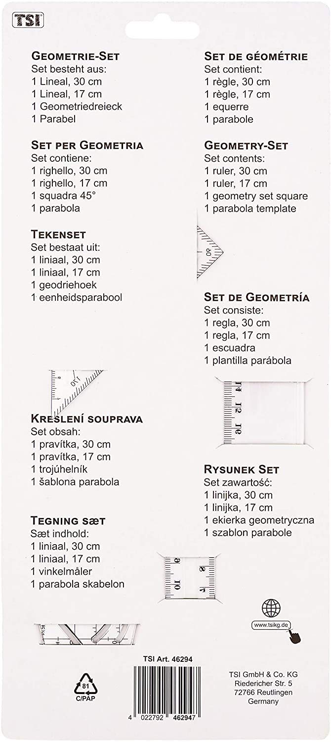 TSI 46294 Character set 4-piece with ruler 17 cm, 30 cm, parabola, and geometry triangle 16 cm (5)
